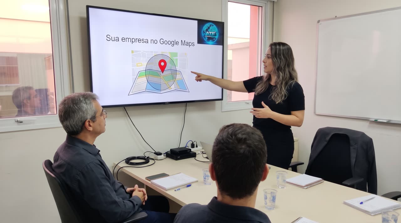 Como colocar minha empresa no Google Maps: apresentação com o mapa da cidade e a área de atendimento em uma reunião